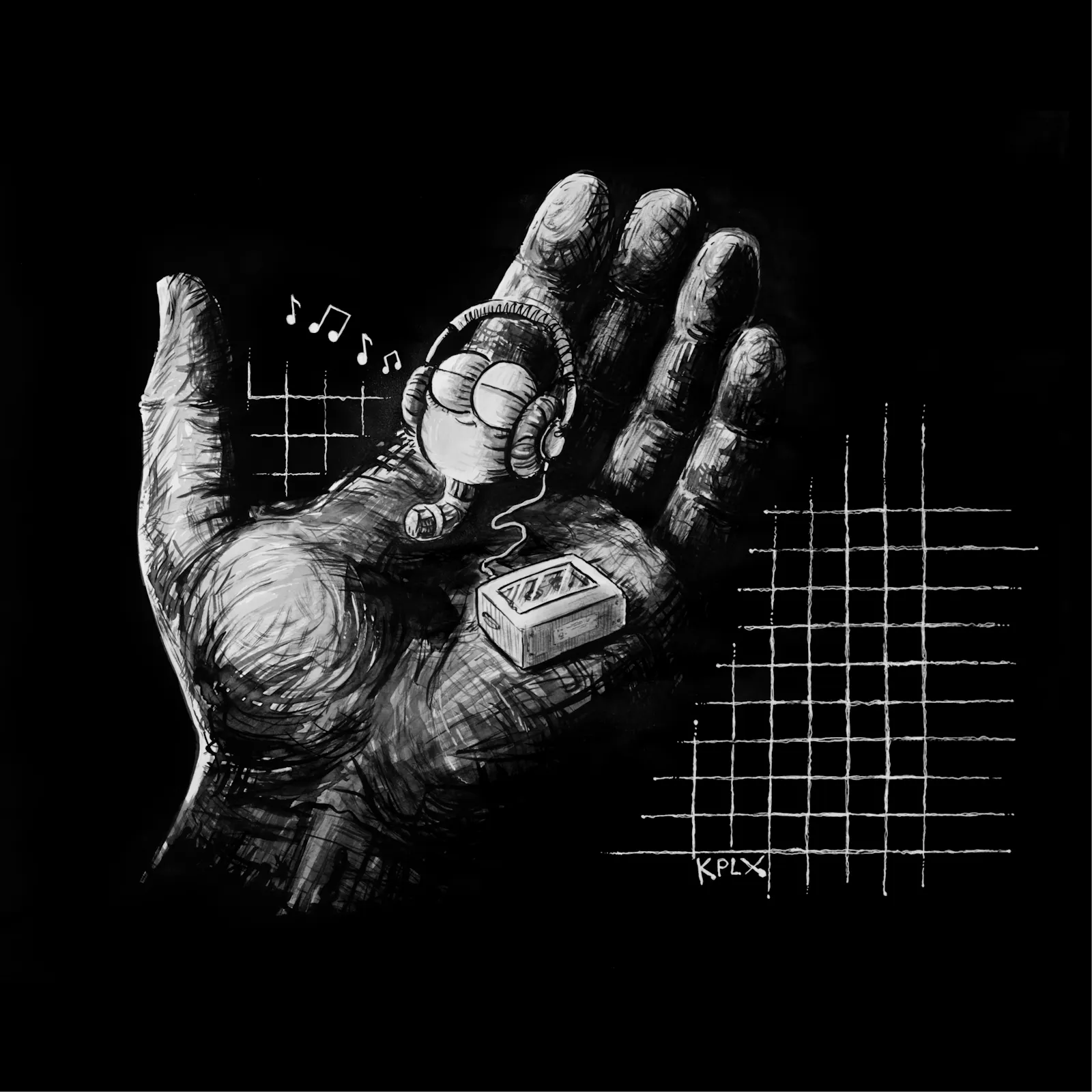 Schwarz-weiße Tuschezeichnung auf A1-Papier: Eine große, geöffnete Hand. In der Mitte der Handfläche liegt ein kleiner Wurm, der Kopfhörer trägt und entspannt Musik hört, verbunden mit einem Mini-Retro-Walkman neben ihm. Musiknoten und weiße Rasterlinien umrahmen die Szene grafisch.
