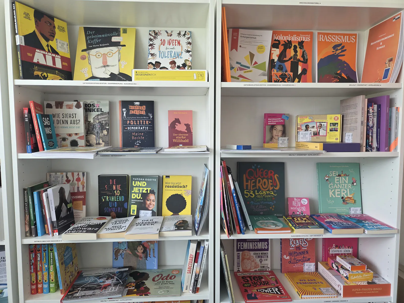 Ein Bücherregal voller Bücher zu den Themen Rassismus, Demokratie und LGBTQ