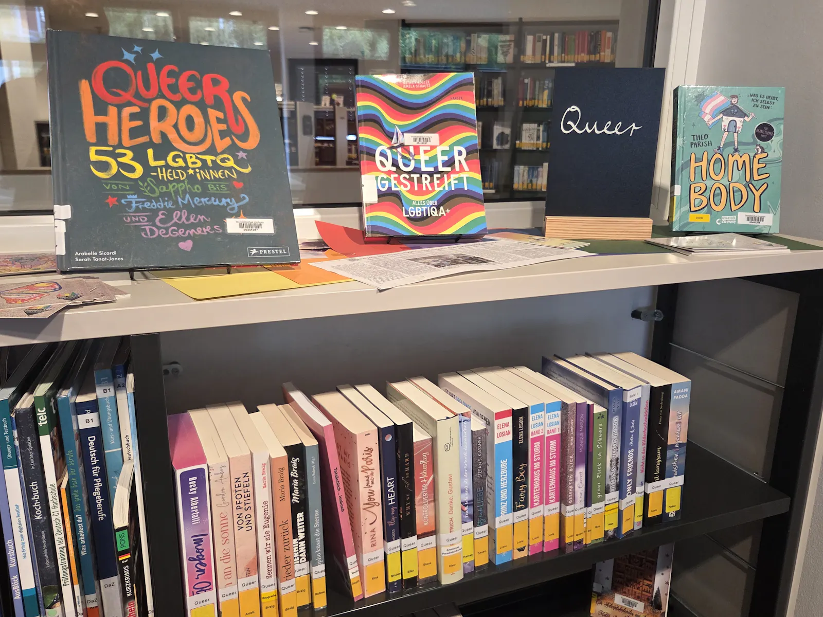 EIn Bücherregal mit queerer Literatur
