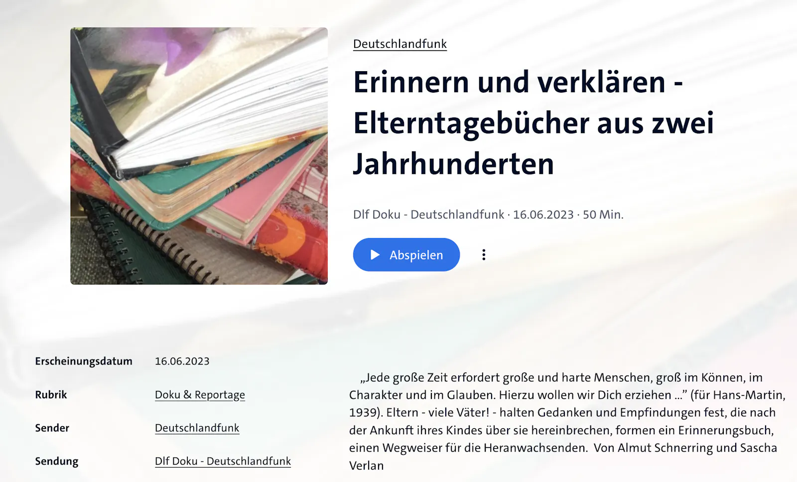 Screenshot von der Deutschlandfunk-Seite mit Link zum podcast der Sendung.