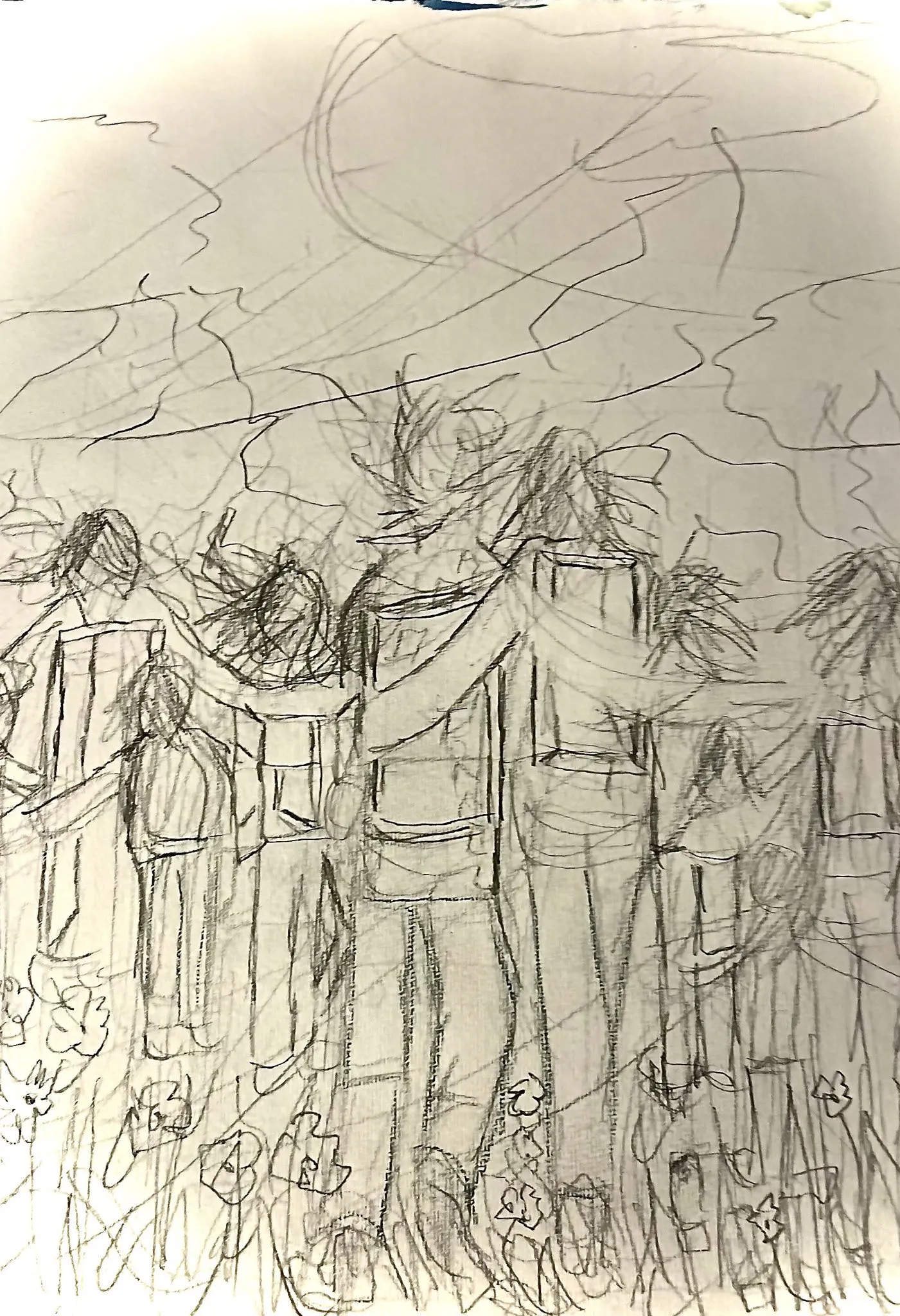 Erste Skizze zum Bild RÜCKENWIND VERLEIHT FLÜGEL (s. Artikel: RÜCKENFIND für alle!) von Karina Finkenau