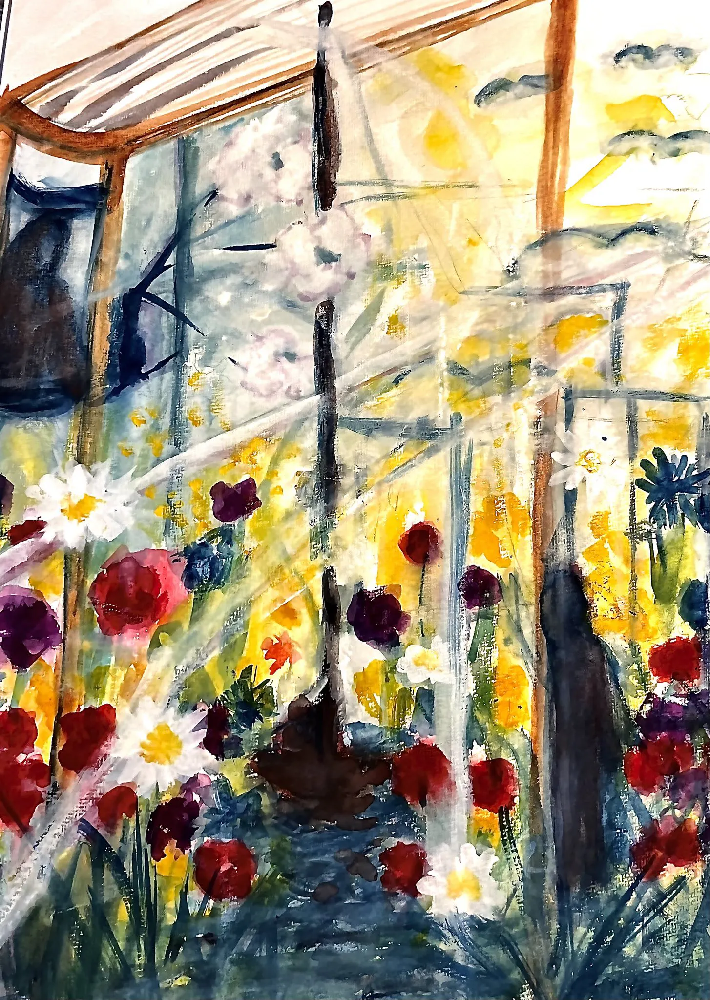 Blühende Graswurzelwiese - auf einem Bächlein, das hindurchplätschert, ist in der unteren Bildmitte ganz klein das "Rückenwind-Schiff" (unser Logo) zu sehen.
Eine Gestalt lehnt sich an eine stützende Säule, eine andere Gestalt sitzt mit dem Rücken angelehnt in einer Art Hochsitz. Am Horizont breiten große Vögel ihre starken Flügel aus.