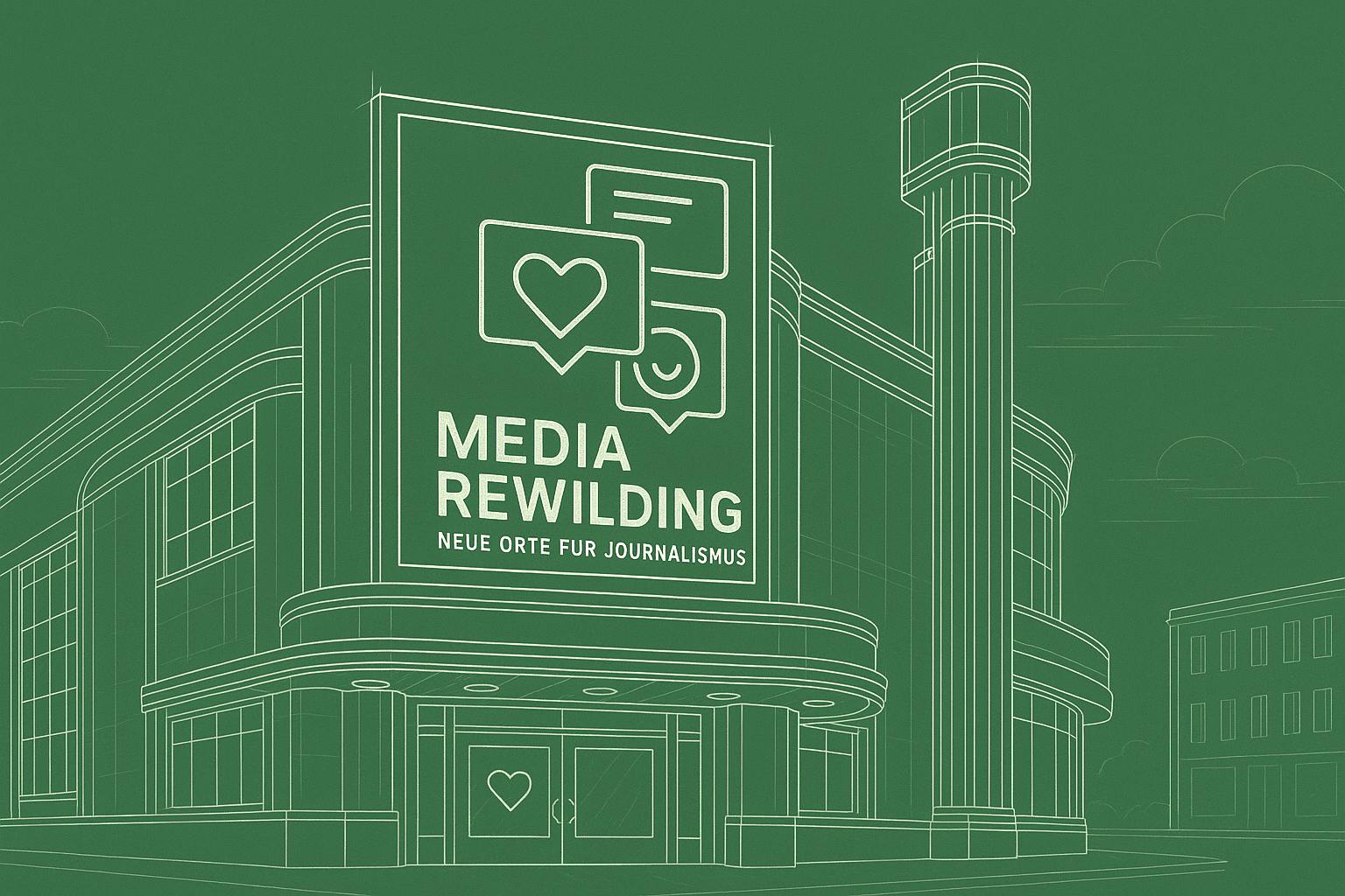 Eine Grafik zeigt eine aus weißen Linien auf grünem Hintergrund bestehende Bauzeichnung eines futuristischen Theaters auf dem das Media Rewilding Logo zu sehen ist
