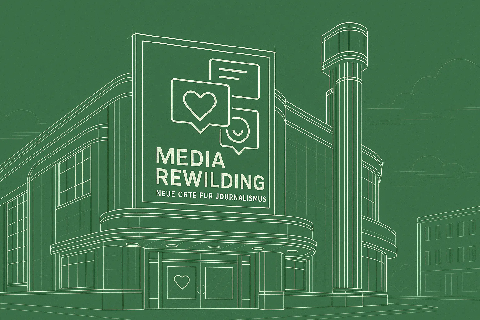 Eine Grafik zeigt eine aus weißen Linien auf grünem Hintergrund bestehende Bauzeichnung eines futuristischen Theaters auf dem das Media Rewilding Logo zu sehen ist
