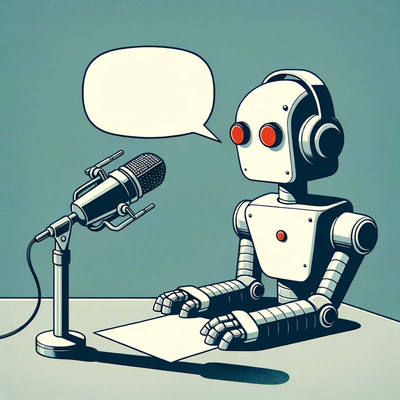 Ein Roboter, der mit einem Stück Papier vor einem Mikrofon sitzt. Aus seinem Mund kommt eine leere Sprechblase.