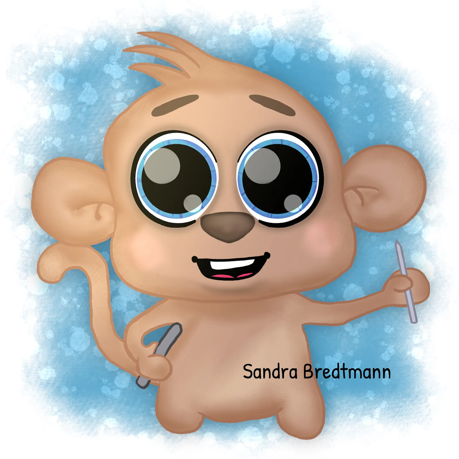 Affe mit Stift und iPad in der Hand Cartoon Charakter Sandra Bredtmann