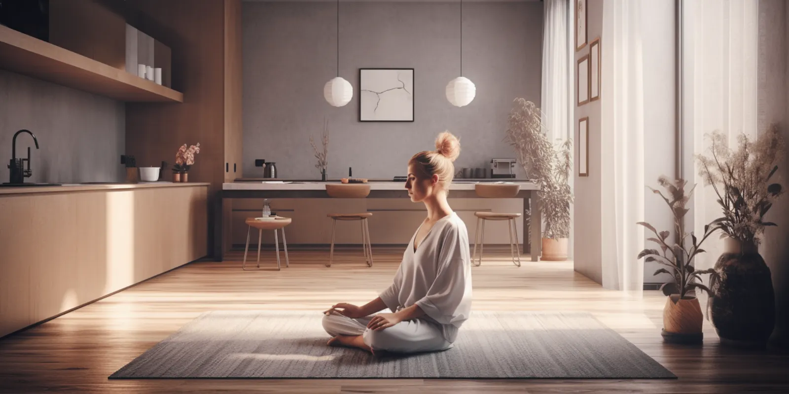 Meditation einer Frau in ihrem Wohnzimmer.
