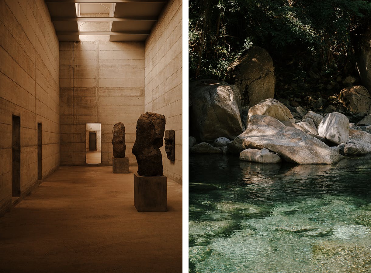 Betonraum im Museo La Congiunta mit Skulpturen von Hans Josephsohn. Tessiner Gebirgsfluss mit grossen hellen Felsen.