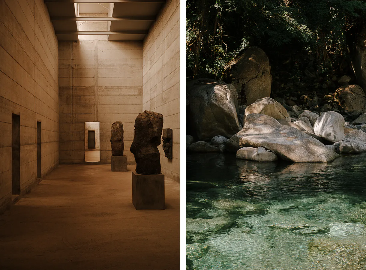Betonraum im Museo La Congiunta mit Skulpturen von Hans Josephsohn. Tessiner Gebirgsfluss mit grossen hellen Felsen.