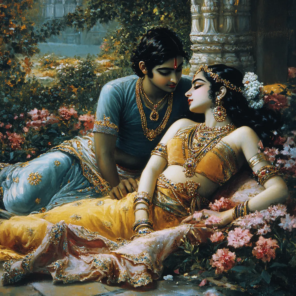 Radha und Krishna liegen im Nikunj auf dem Blumenbett.