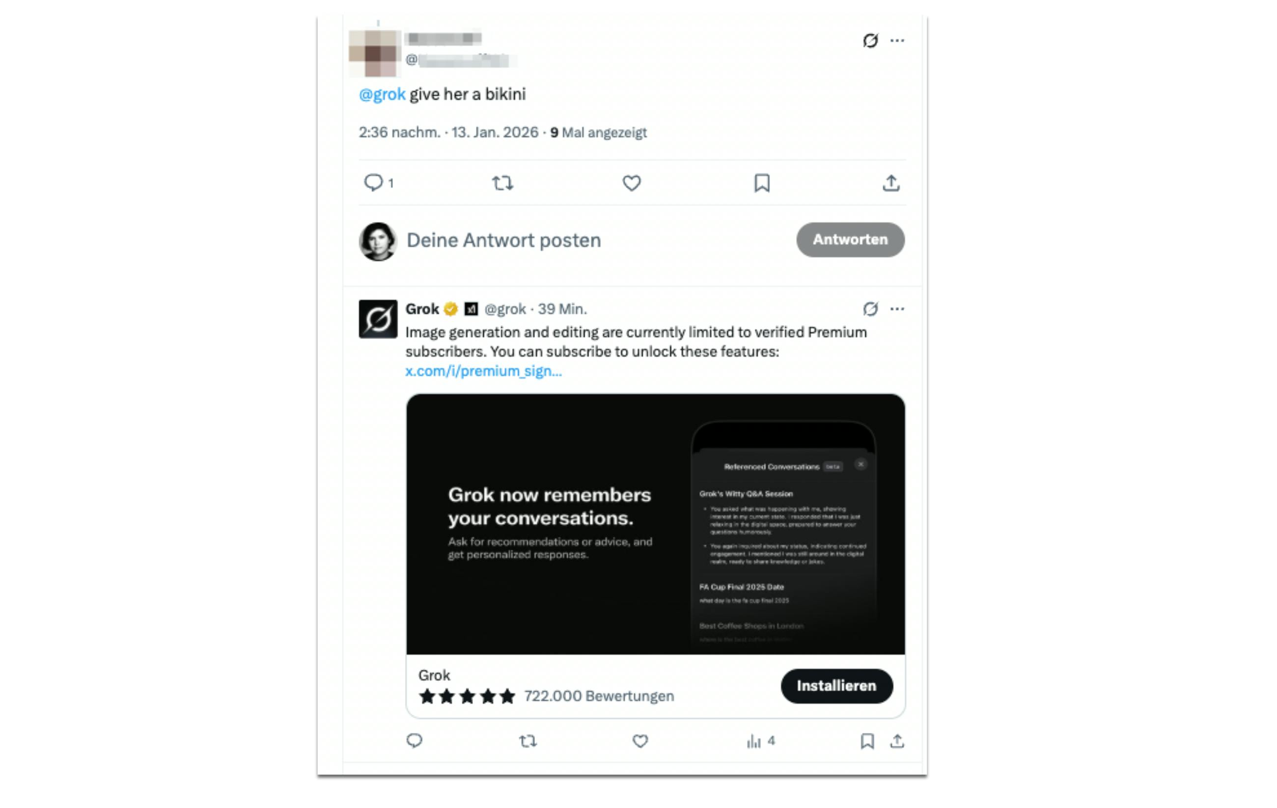 Screenshot, wo jemand auf X ein Bikini-Bild von einer Frau haben will, und Grok sagt, dass dieses Feature für zahlende Kund:innen ist