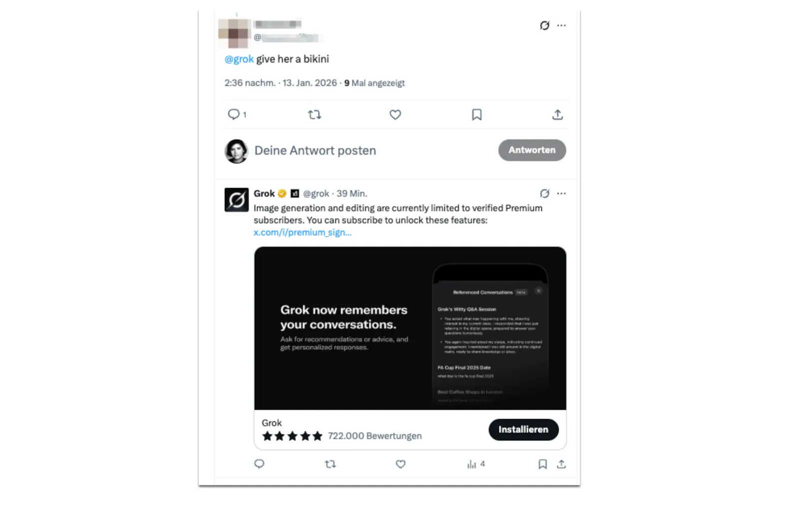 Screenshot, wo jemand auf X ein Bikini-Bild von einer Frau haben will, und Grok sagt, dass dieses Feature für zahlende Kund:innen ist