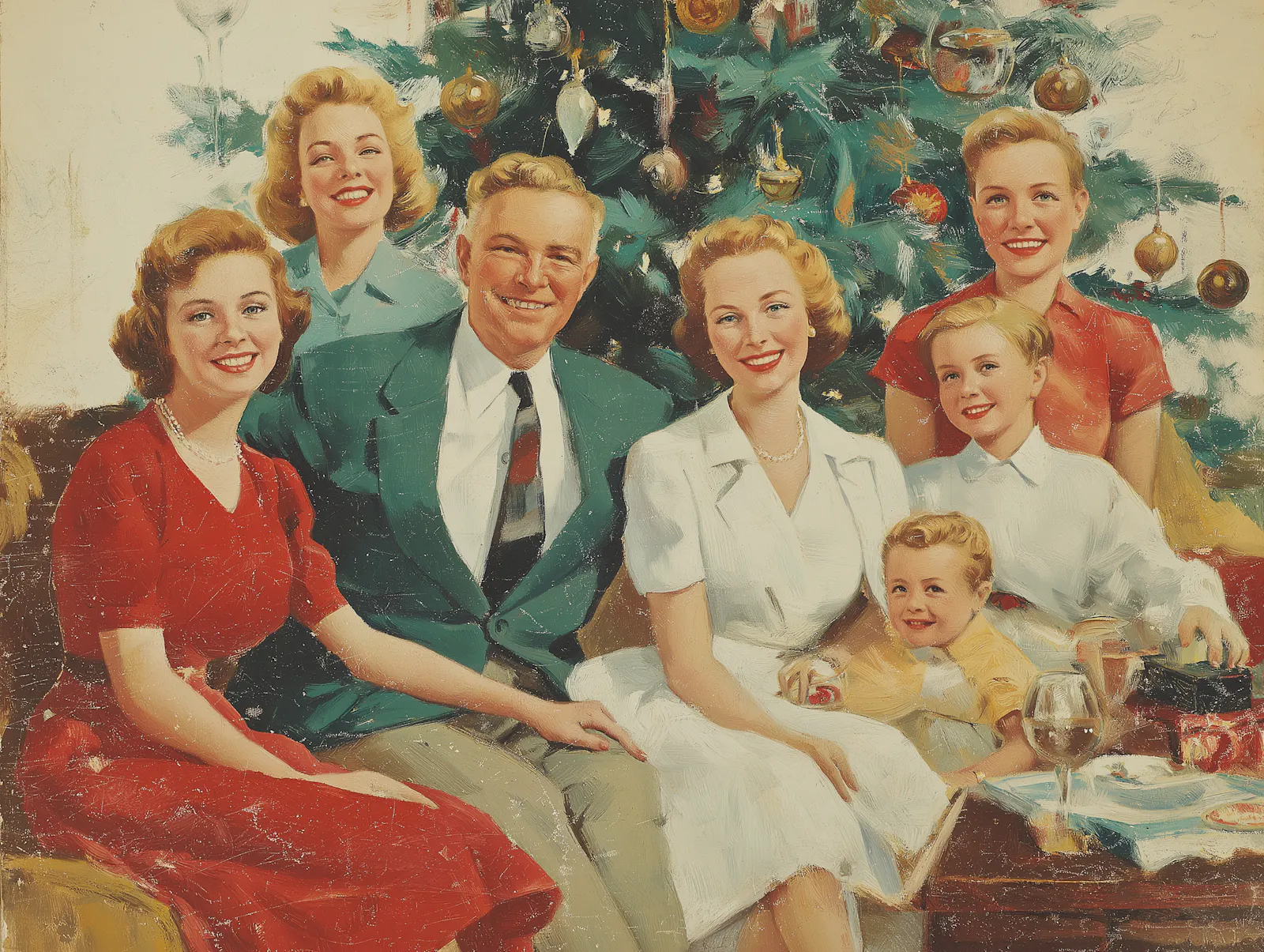 Eine Familie mit lächelnden Menschen sitzt vor einem Weihnachtsbaum