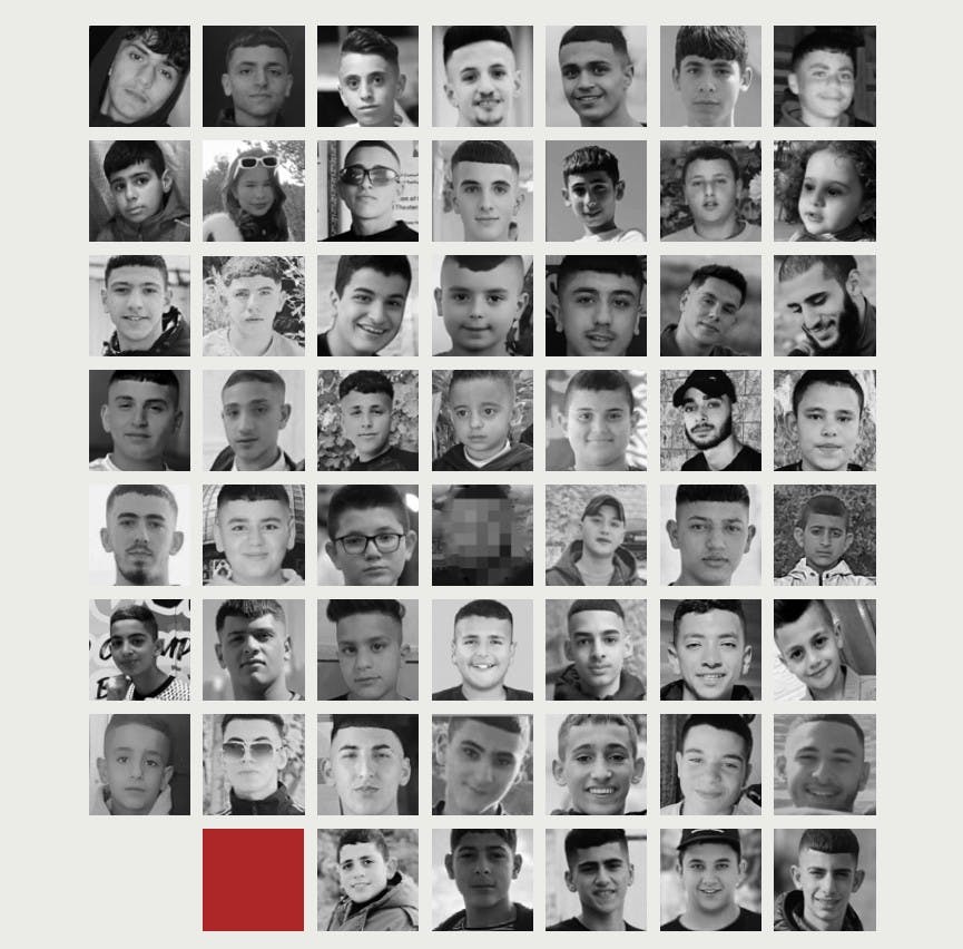 Ein Quadrat mit 54 Portraits von palästinensischen Kindern, die 2025 durch die israelische Armee in der Westbank getötet wurden.