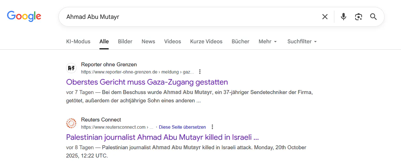 Screenshot von Google mit Suchergebnissen zum Namen des getöteten Terroristen.