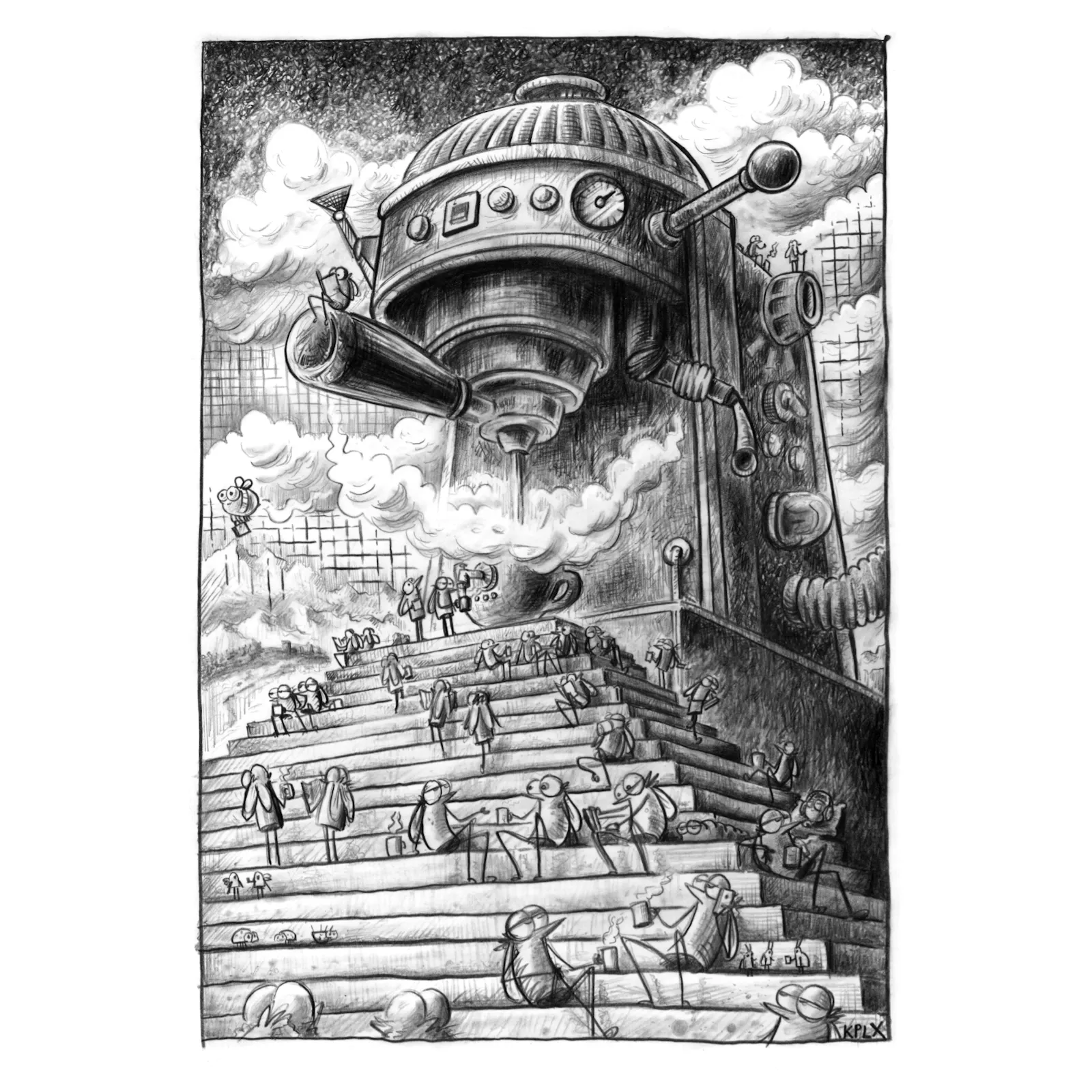 Eine Bleistiftzeichnung auf A4 zeigt eine monumentale Kaffeemaschine, dargestellt wie ein gigantischer Tempel in Froschperspektive. Aus den Ausläufen dampft frischer Kaffee in eine Tasse. Auf einer breiten Treppe davor bewegen sich zahlreiche kleine Fliegen, die hinaufsteigen oder auf den Stufen verweilen. Einige trinken Kaffee, andere unterhalten sich. Wolken aus Kaffeedampf schweben in die Szene. Der Hintergrund ist von einer Berglandschaft und Wolken gefüllt.