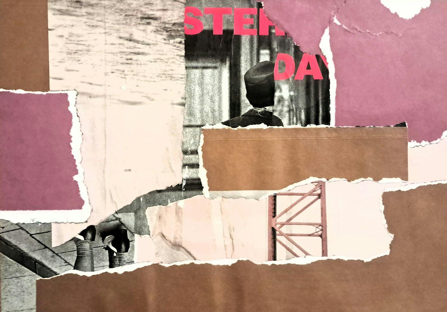 Eine Collage mit braunen, hellen und altrosa Papierstreifen.