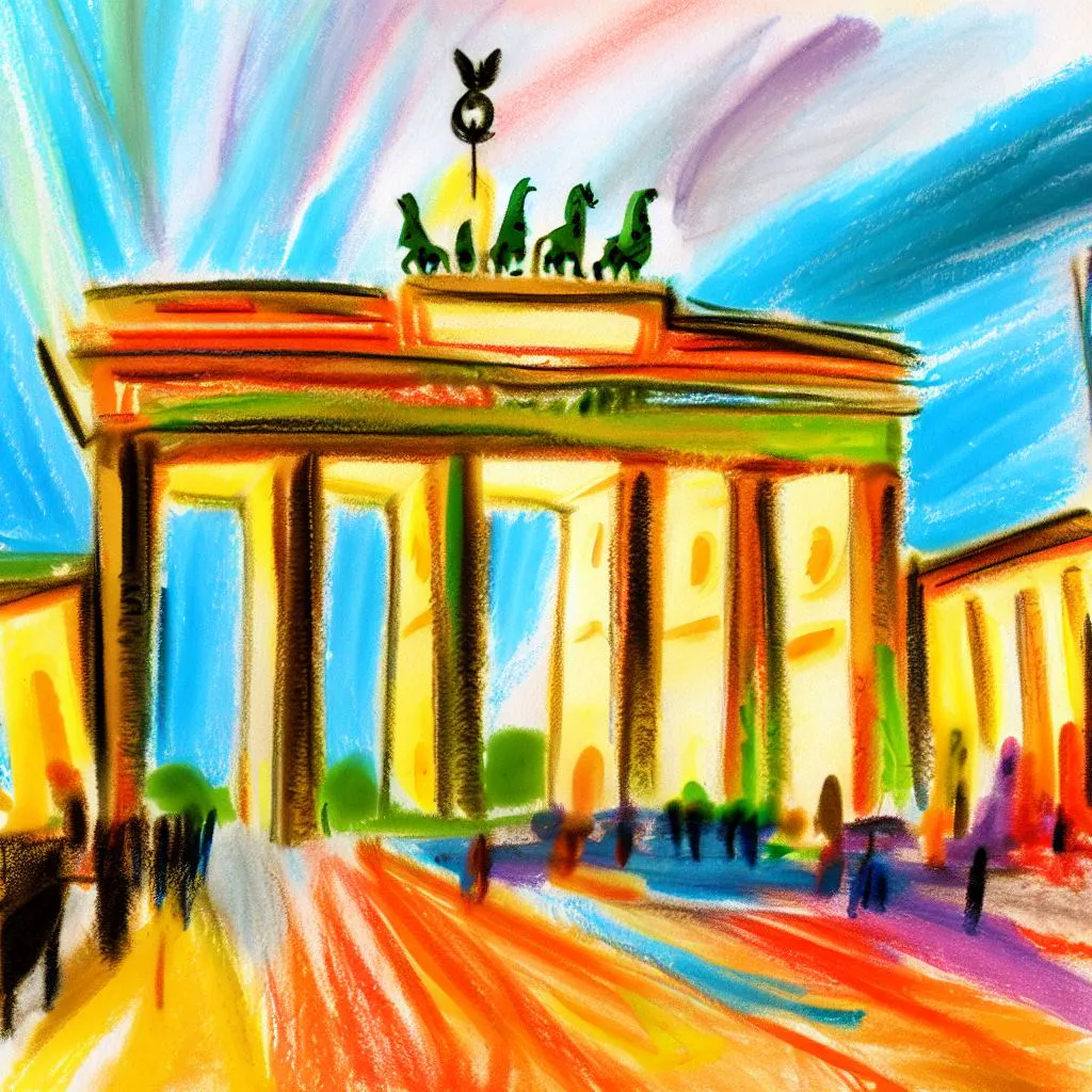 DALL·E-Prompt: "Brandenburger Tor, bunte Buntstift-Zeichnung eines Kindes"