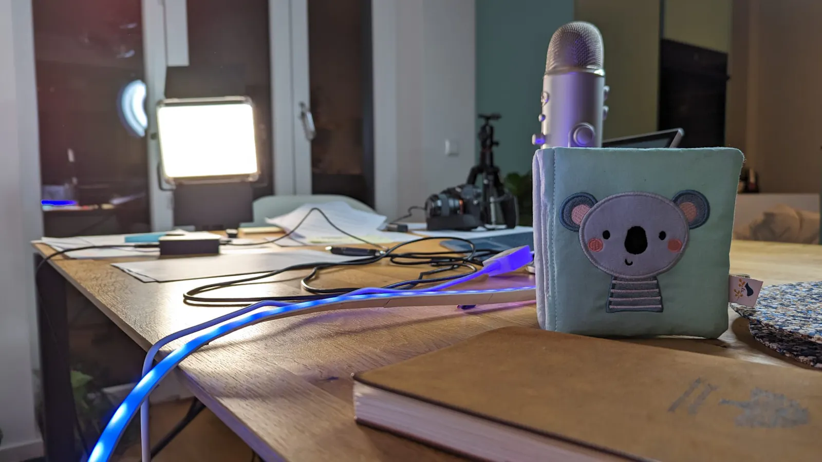 Ein Esstisch mit Notizbuch, Zetteln, einem Mikrofon und einem Baby Raschelbuch. Im Hintergrund sieht man eine große Lampe und ein Kamerastativ.