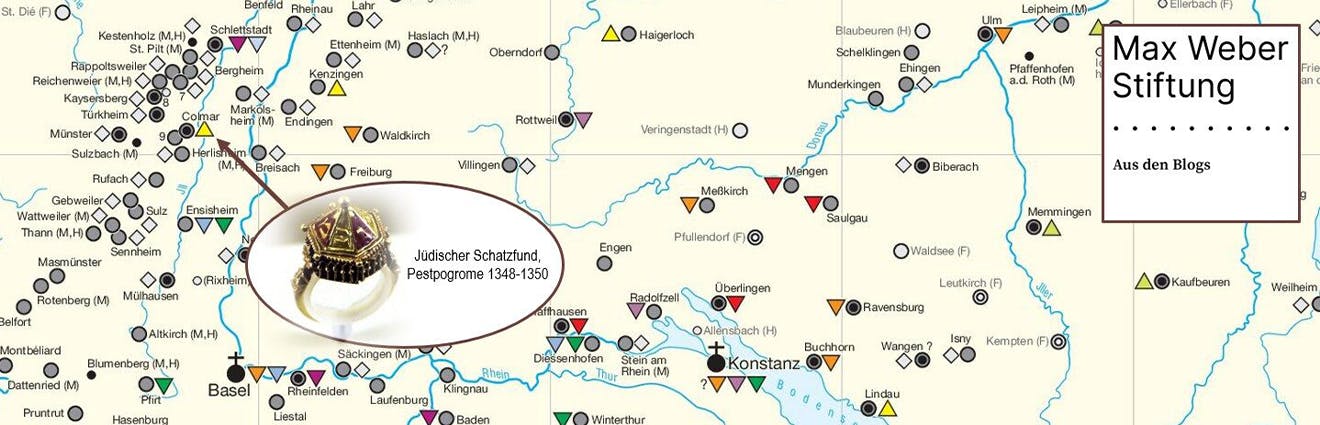 Karte zeigt Verfolgungen zur Zeit der Pest 1348 bis 1350, mit "Jüdischem Schatzfund" aus Colmar im Mittelpunkt