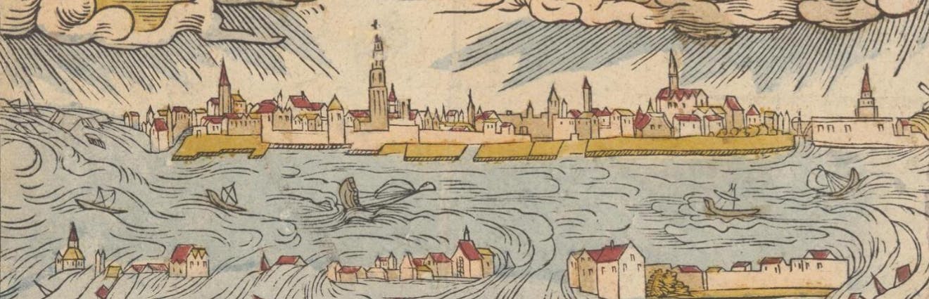 Kolorierter Holzschnitt der Überschwemmung Amsterdam (Antdorff) im November 1570