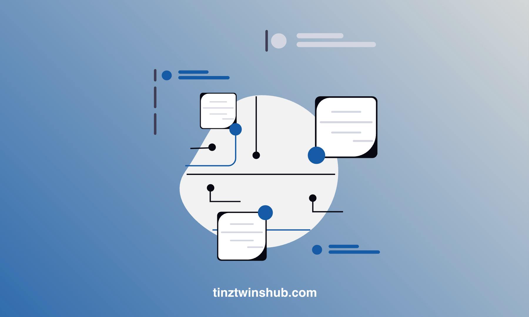 Abstract digital illustration featuring interconnected data bubbles on a blue background, symbolizing modern communication and information exchange, with tinztwinshub.com branding visible.