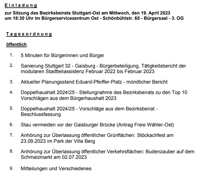 Tagesordnung zur Sitzung des Bezirksbeirats Stuttgart-Ost am 19. April.