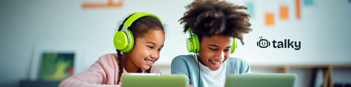 Das Bild zeigt zwei Kinder, die nebeneinander sitzen und jeweils ein Tablet benutzen. Beide tragen auffällige grüne Kopfhörer und lächeln konzentriert, während sie auf die Bildschirme schauen. Rechts im Bild ist das Logo „talky“ mit einem stilisierten Smiley-Kopfhörer-Symbol eingeblendet.