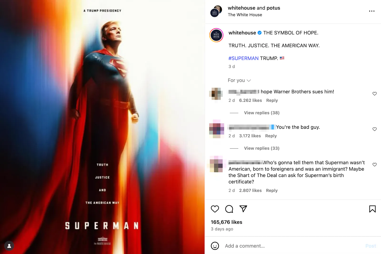 Trump ist als Superman dargestellt: Er wirkt athletisch und heroisch, fliegt nach oben, Blick in die Ferne gerichtet.
