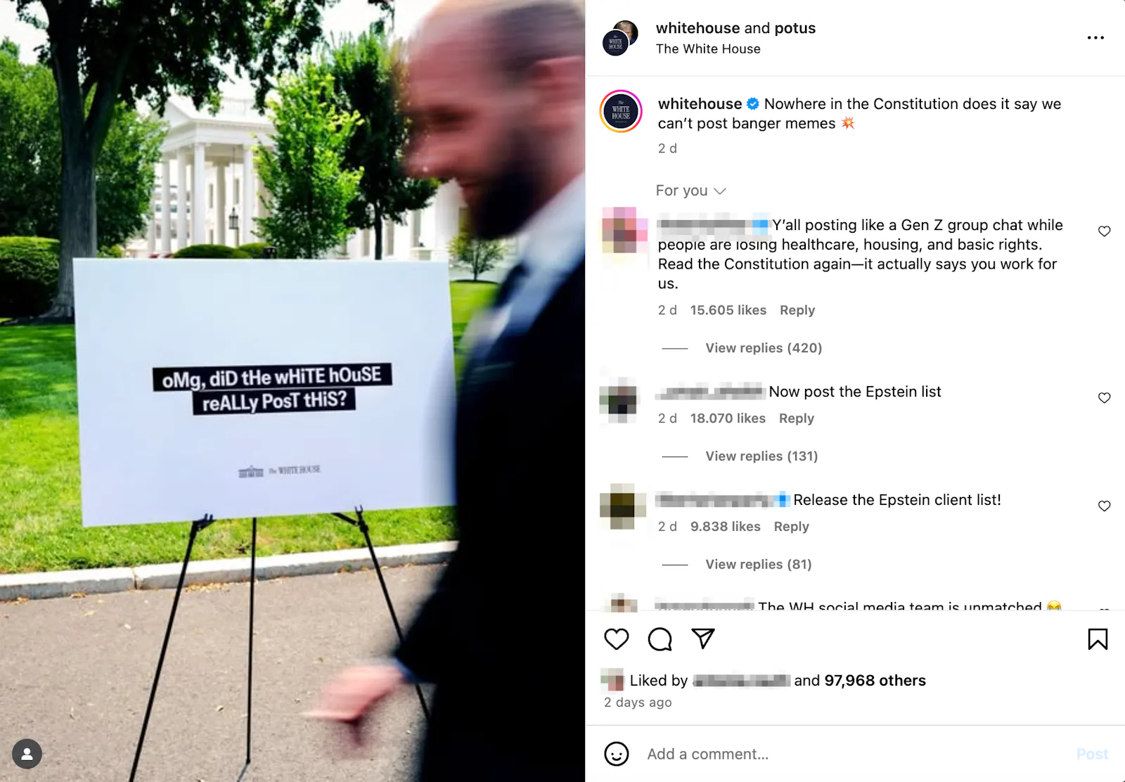 Man sieht ein Schild, das jemand in etwas Entfernung vor den Weißen Haus hingestellt hat. Darauf ist zu lesen: "oMg, diD tHe wHiTE hOuSE reALLy PosT tHiS?"