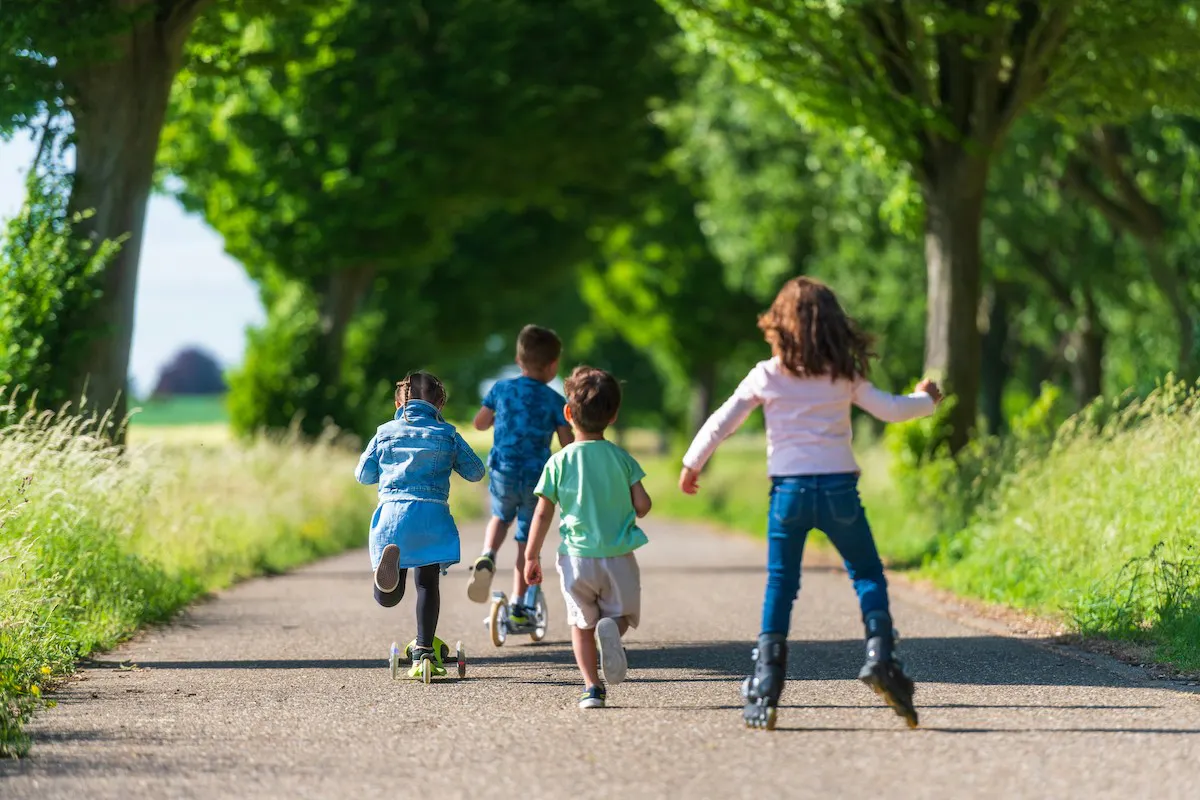 Vier Kinder mit Roller, rennend, Rollerskates, in Rückenansicht, auf einer Alleestraße.