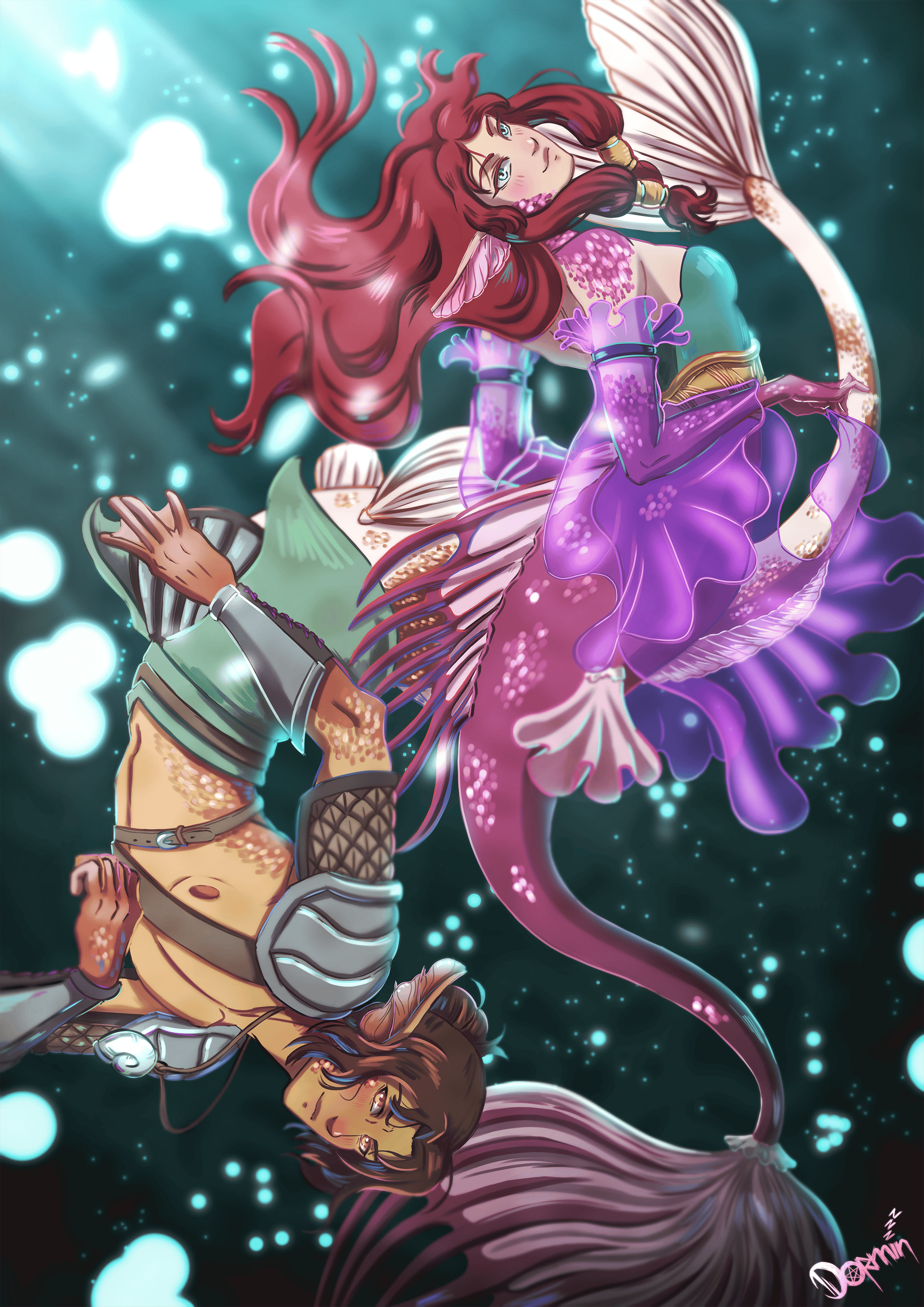 Eine Illustration unter Wasser, signiert von Dormin: Eine Meerjungfrau-Elaynie mit langen roten Haaren, türkisfarbenen Augen und einer schillernden pink-violetten Schwanzflosse mit fächerartigen Verzierungen schwebt im oberen Bildbereich. Unter ihr treibt kopfüber Noah mit dunklem Haar, hellgrüner Schwanzflosse und silberner Rüstung. Der Hintergrund zeigt dunkles Wasser mit Lichtstrahlen und aufsteigenden Luftblasen.