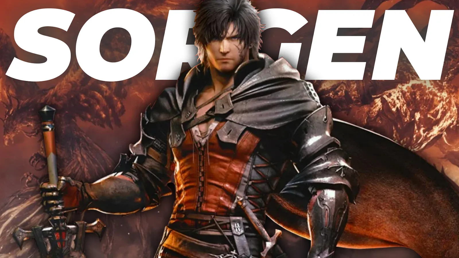 Clive von FF16 mit Sorgen Schriftzug hinter ihm