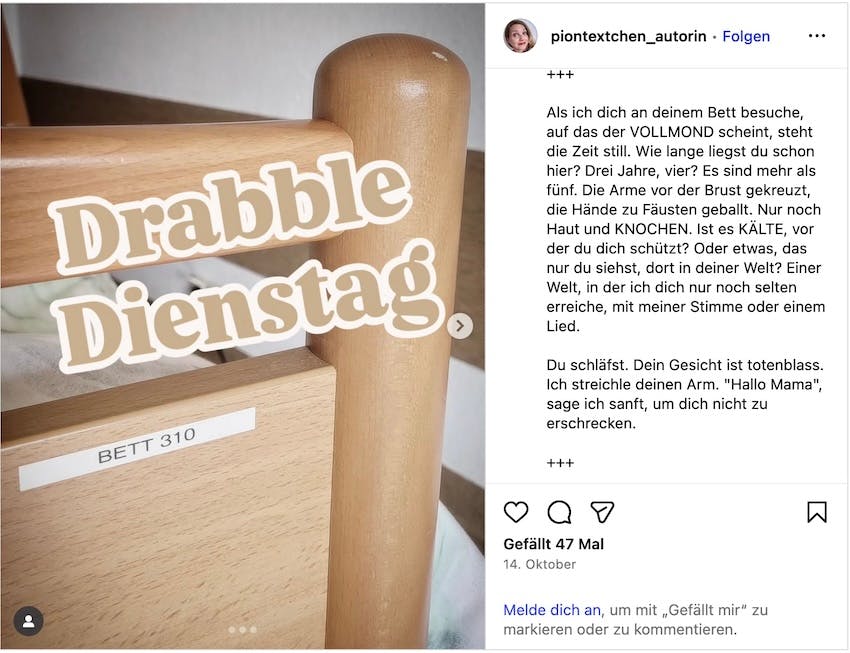 Screenshot eines Beitrags von Christine Piontek auf Instagram mit einem Drabble zu den Begriffen Kälte, Vollmond und Knochen.
