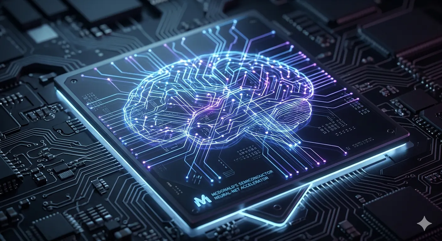 Semiconductor chip glowing with neural-network patterns - Synopys goes AI-Design