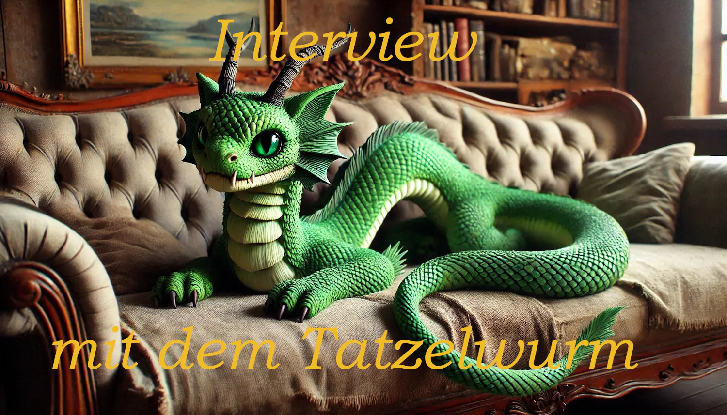 Ein grüner Drache liegt auf einem abgewetzten Sofa