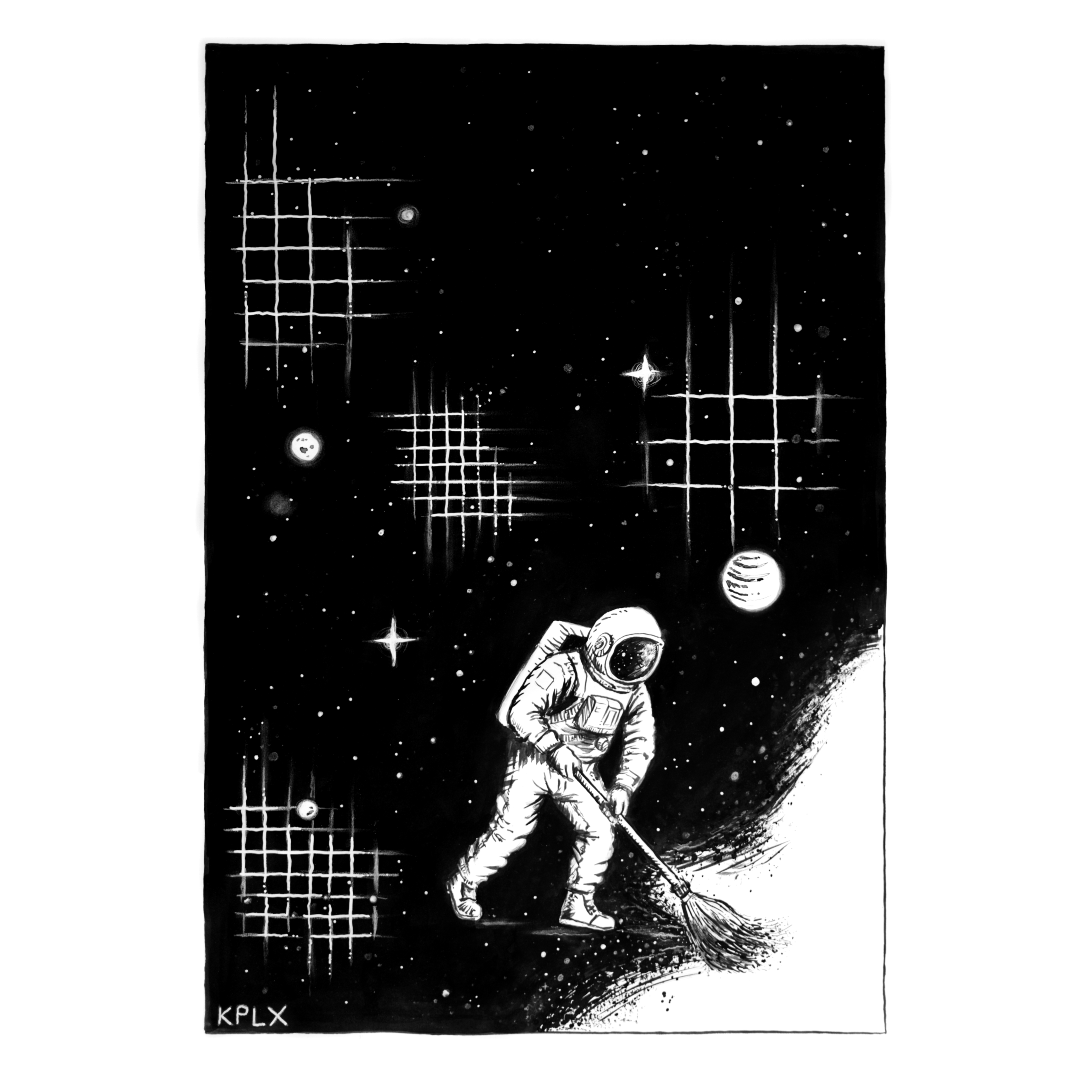 ALT-Text (Deutsch):
Schwarz-weiße Tuschezeichnung auf DIN A1: Ein Astronaut steht im Weltraum und fegt mit einem Besen. Es bleibt unklar, ob er das Universum zusammenkehrt oder es gerade verteilt. Um ihn herum glitzern Sterne und Planeten vor tiefschwarzem Hintergrund.

ALT Text (English):
Black and white ink drawing on DIN A1 paper: An astronaut stands in space, sweeping with a broom. It’s unclear whether he is sweeping the universe away or spreading it out. Around him, stars and planets shimmer against a deep black background.
