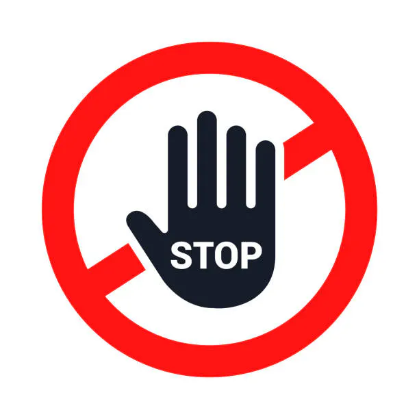 roter Kreis, mittitg mit einer roten Linie auf weißem Untergrund, in der Mitte eine erhobene Hand in schwarz auf der "Stop" steht