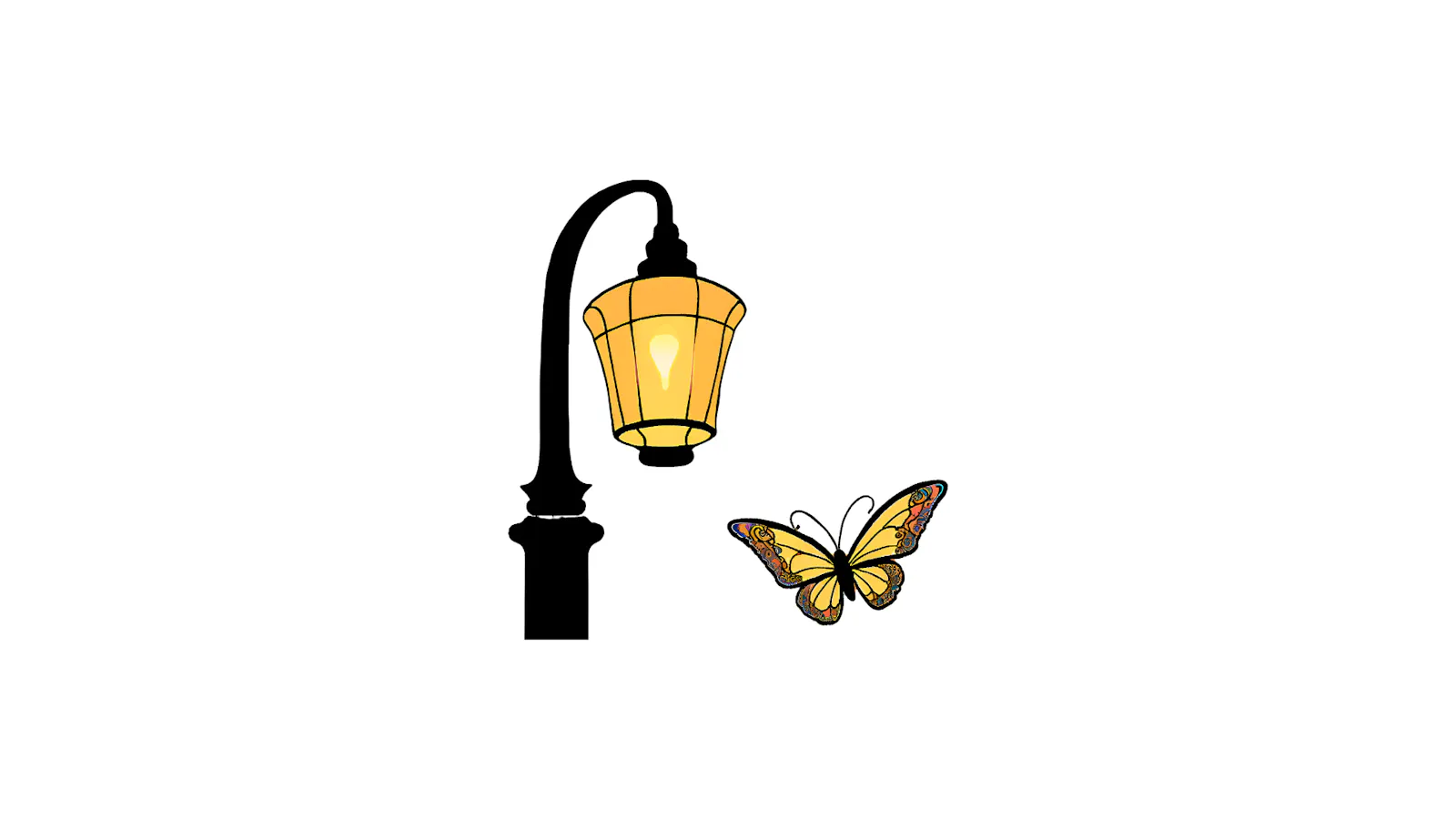 Ein gelber Schmetterling fliegt unter einer hellen Straßenlaterne