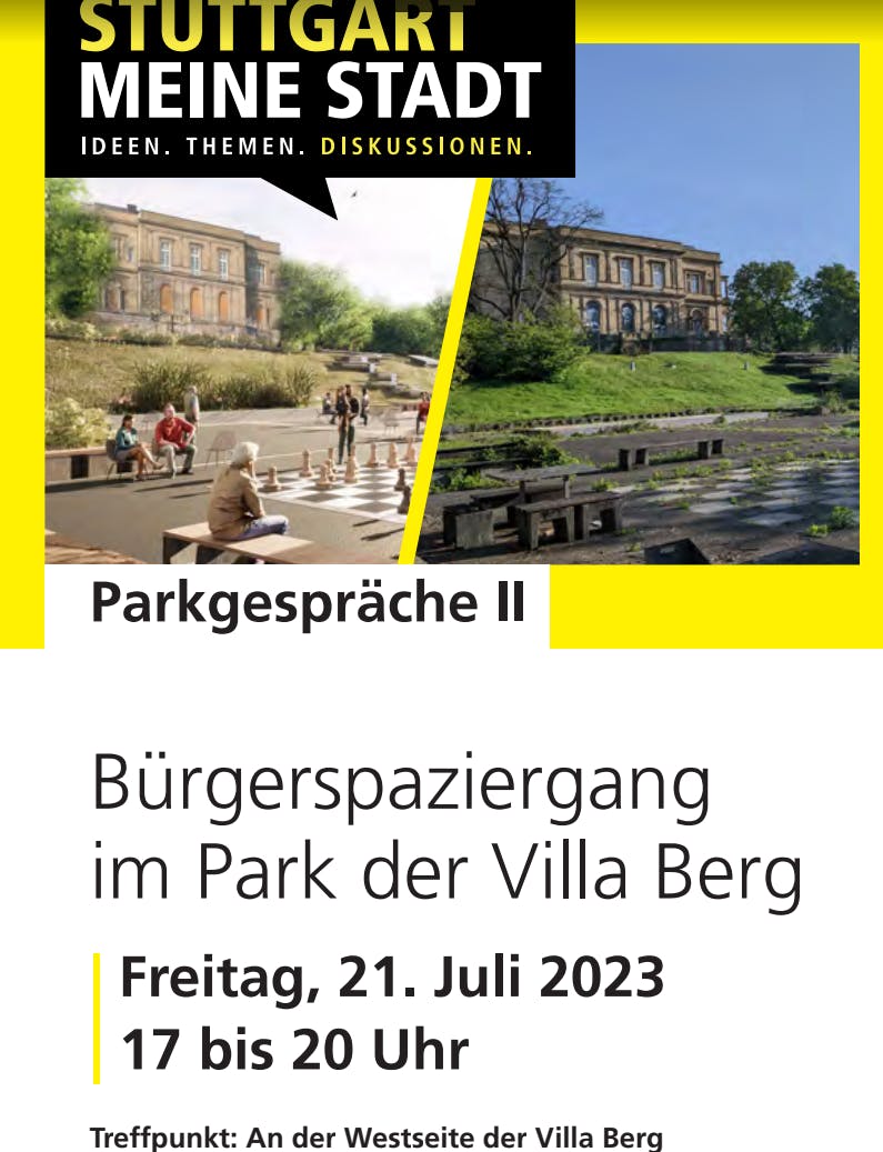 Plakat für den Bürgerspaziergang im Park der Villa Berg.