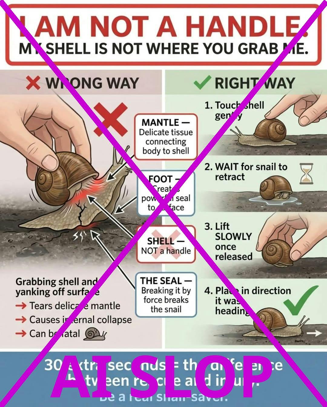 AI slop about how to handle a snail for saving them, not by grabbing the shell. Superficially looking correctly, human hand has even 5 fingers. The slop lays in the detail.