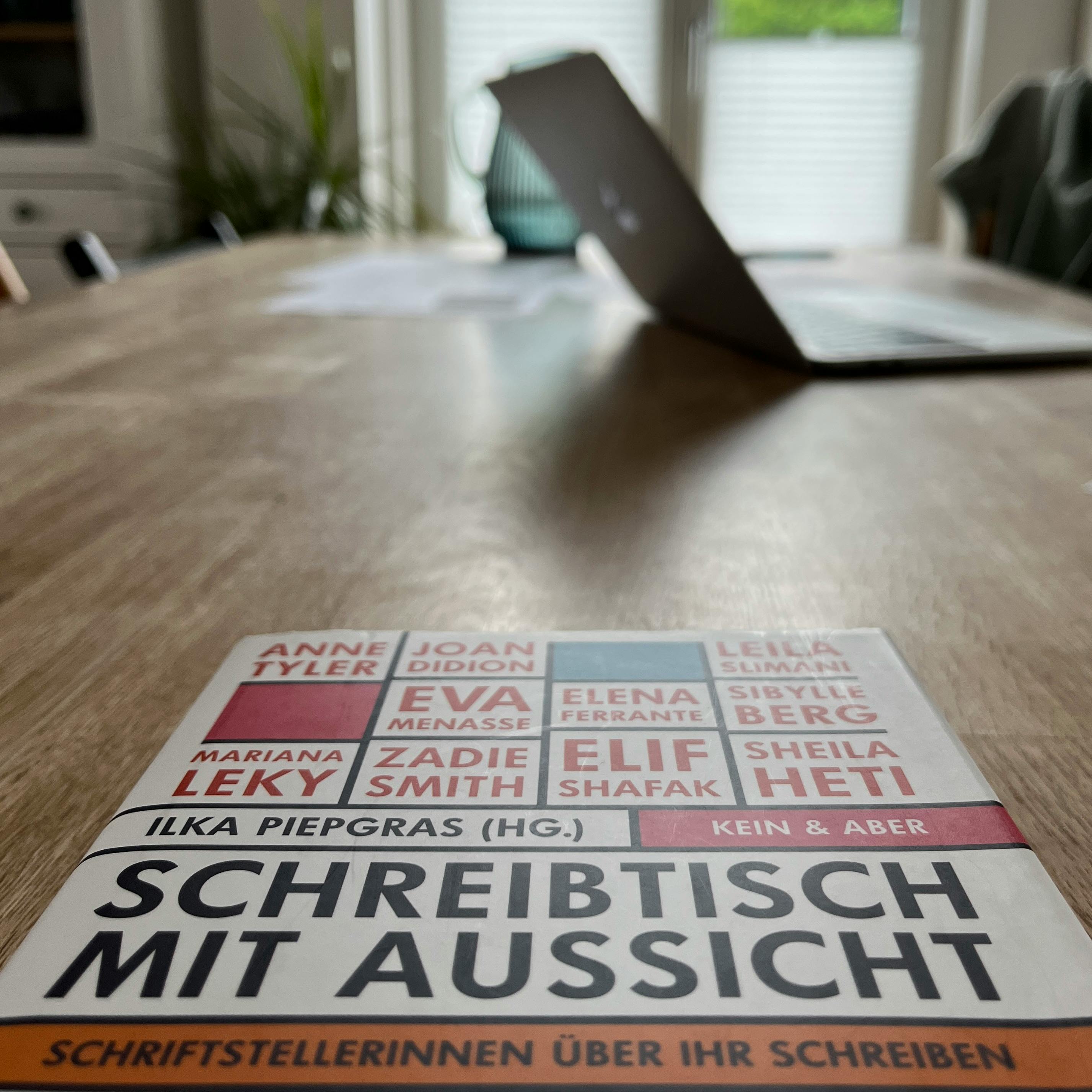 Vorne auf dem Tisch liegt das Buch "Schreibtisch mit Aussicht". Von dort aus blickt man über den gesamten Tisch. Weiter hinten, verschwommen, steht der Laptop und ein Krug mit Wasser.