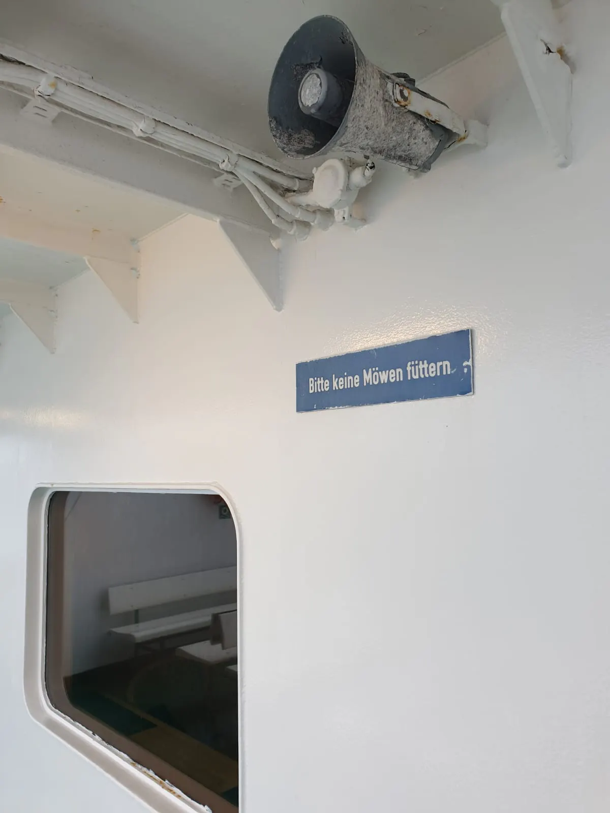 Eine weiße Schiffswand mit einem rechteckigen Fenster und einem blauen Schild. Darauf in weißer Schrift: Bitte keine Möwen füttern.