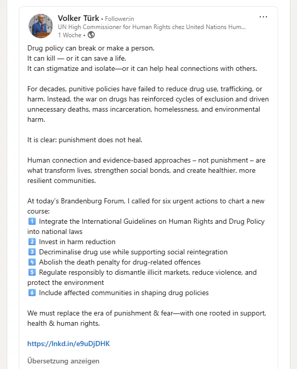 Screenshot des LinkedIn-Beitrags von Volker Türk. Wie verlinkt.