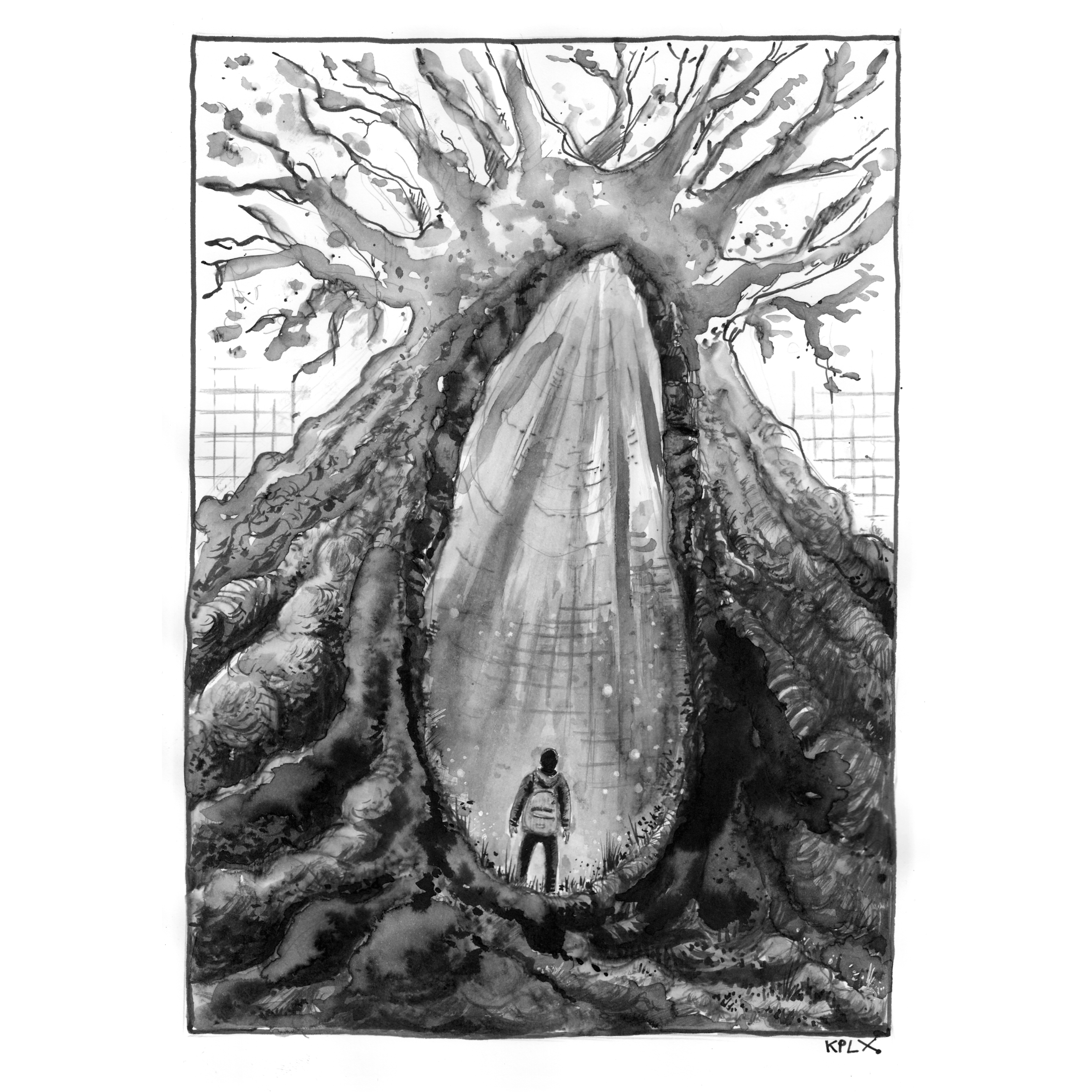 ALT-Text (DE)

Tuschezeichnung im Hochformat: Ein riesiger, hohler Baum mit massiven, verwachsenen Wurzeln öffnet sich in der Mitte wie ein Tor. Im Inneren fällt ein heller Lichtstrahl von oben herab. Am unteren Rand steht eine einzelne menschliche Figur mit Rucksack und blickt in das leuchtende Innere des Baumes. Die Szene wirkt still, geheimnisvoll und monumental.

⸻

ALT-Text (EN)

Ink drawing in portrait format: A massive hollow tree with thick, twisted roots opens like a gateway in its center. A beam of light falls down from above into the hollow interior. At the bottom, a single human figure wearing a backpack stands and looks into the illuminated space. The scene feels quiet, mysterious, and monumental.