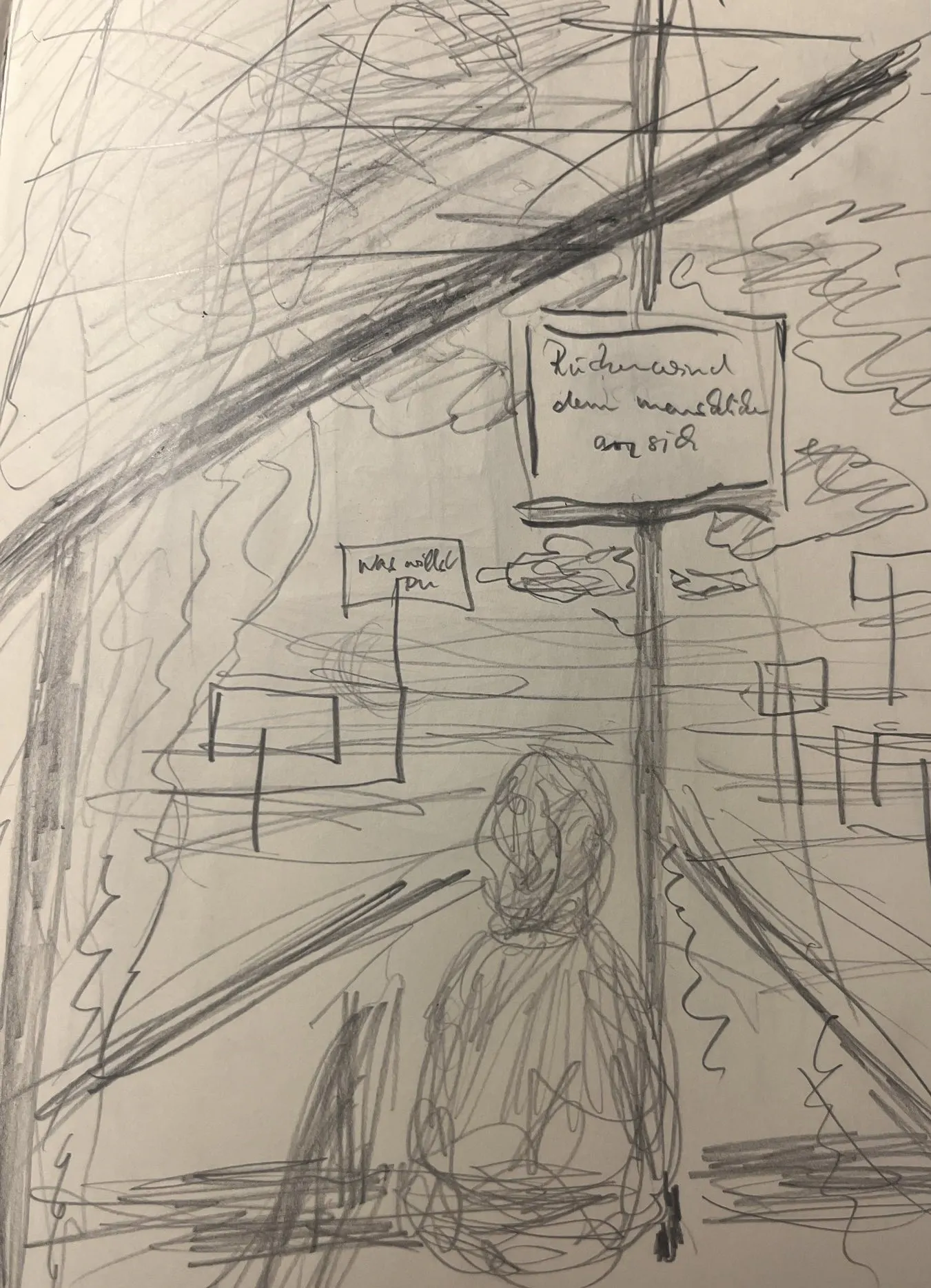 Eine Gestalt sitzt angelehnt an einem Pfosten, an dem ein Schild hängt, auf dem steht: Rückenwind für alle und blickt in die Weite. Da liegt ein Weg in Blickrichtung der Figur, der begangen werden kann und der von weiteren "Demo-Schildern" gesäumt ist.