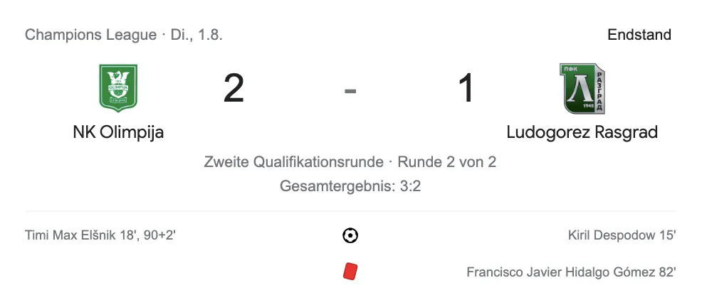 Screenshot von Google: NK Olimpija 2 - Ludogorez Rasgrad 1