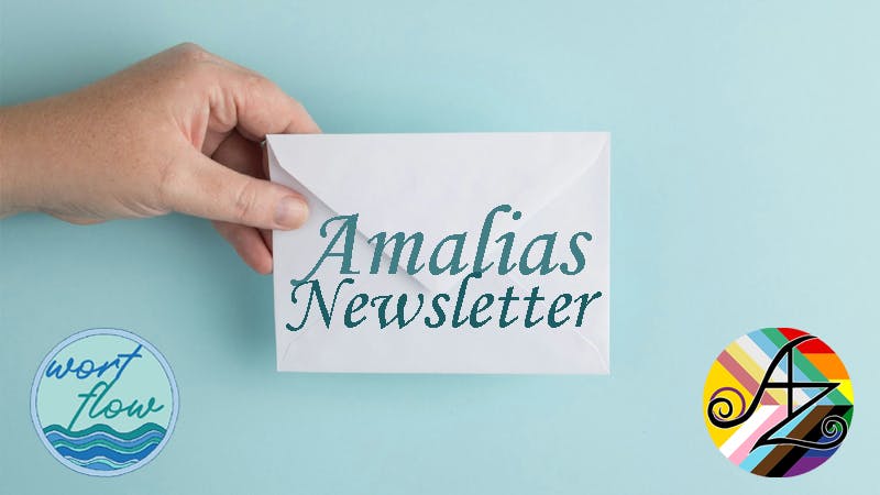 Newsletter Teaser Bild mit dem Logo von Wortflow, einem Button mit der Disability/Queer Pride Flagge und den Initialien AZ, dazu ein Foto von einer Hand, die einen Brief hält.