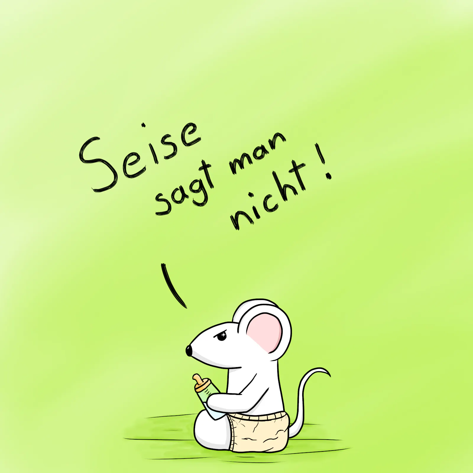 Eine kleine Flojopics Babymaus sitzt auf dem Boden und sagt "Seise sagt man nicht!"