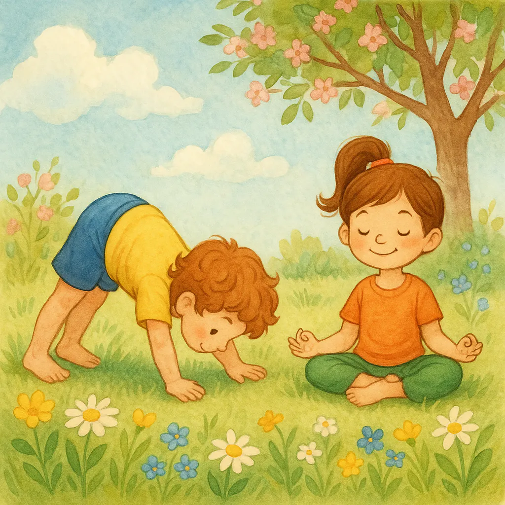 Bild im Stil einer Kinderbuchillustration von zwei Kindern, die auf einer Wiese Yoga machen